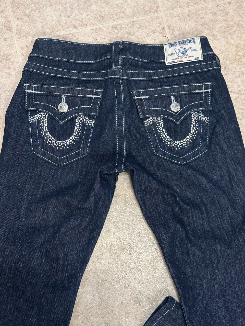 True Religion Womens Jeans Size 27 Dark Wash Rhinestone Flap Pocket USA - Picture 2 of 11